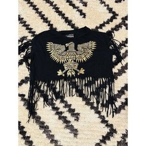 FREEZE Womens Top Juniors  Eagle Tribal Falcon Fringe Black Crop Med 7/9 Concert